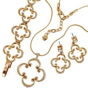 Brighton Crystal Pendant Necklace Bracelet Earrings Set Scroll Clover READ